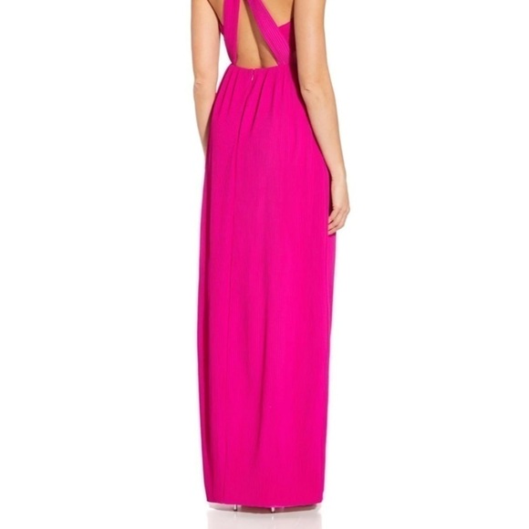Aidan by Aidan Mattox Cutout Halter Pleated Gown in Pink Flame - Picture 6 of 9